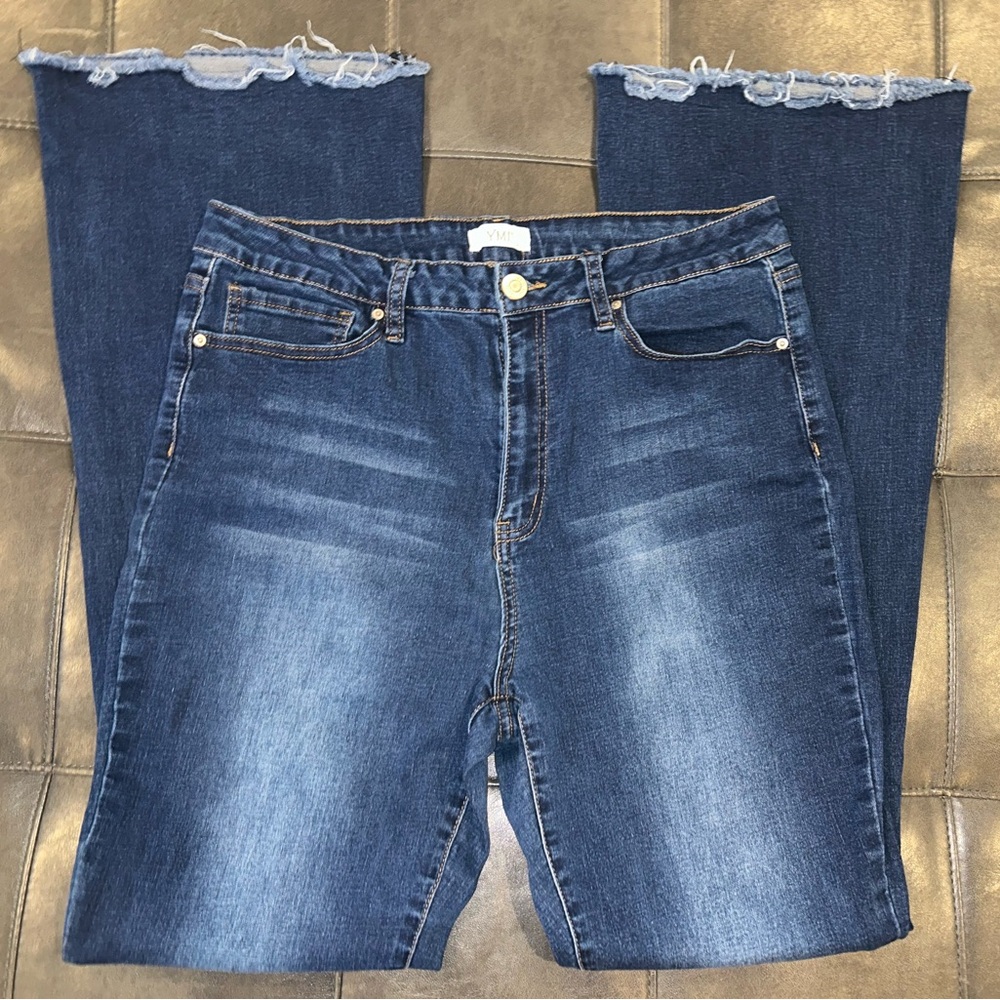 YMI Blue Boot Cut Jeans with Distressed Hem and Stretch Fabric